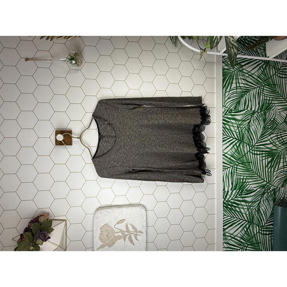 Quinn Gray Long Sleeve Top Black Lace Hem Long Sleeve Top - Size - XS